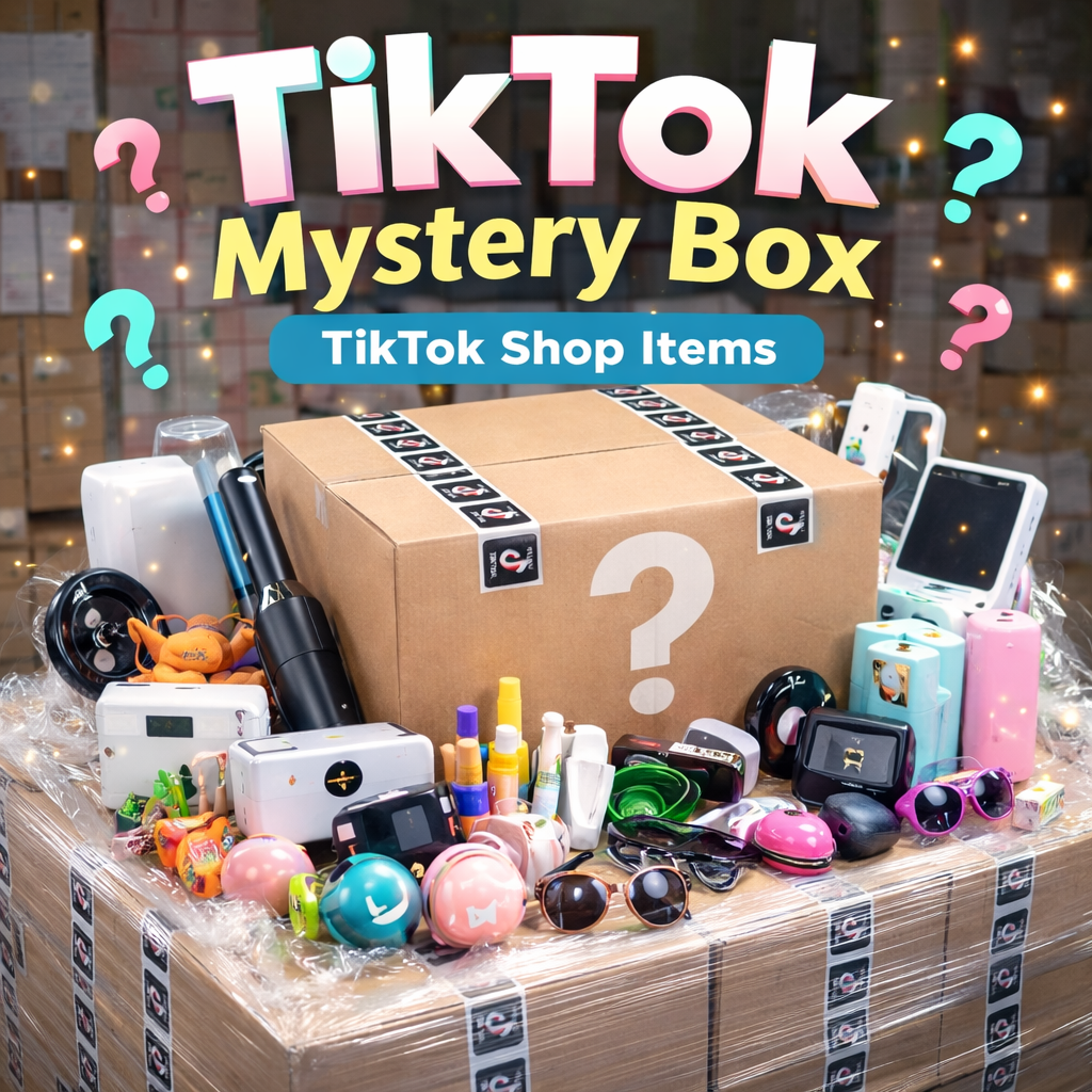 TikTok Mystery Box pallet of sealed boxes for unboxing and resale